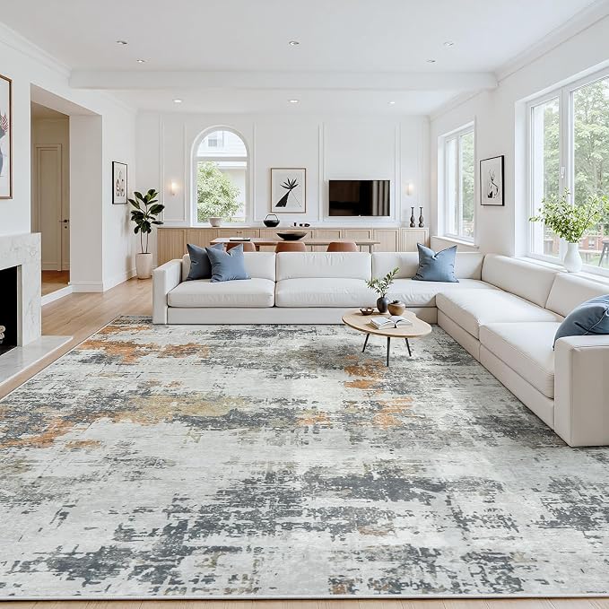 Area Rug 8x10 Living Room Rug Washable: No-Slip Abstract Soft Thin Large Grey by Oriannal