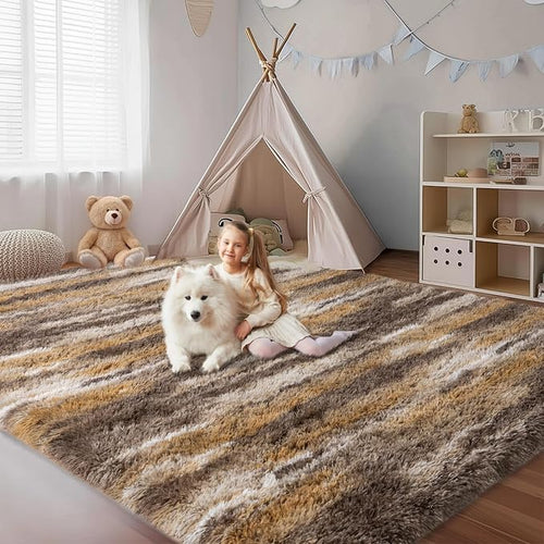 9x12 Fluffy Shag Area Rugs, Ultra Soft Non-Slip Abstract Brown Plush Carpet - Image 2
