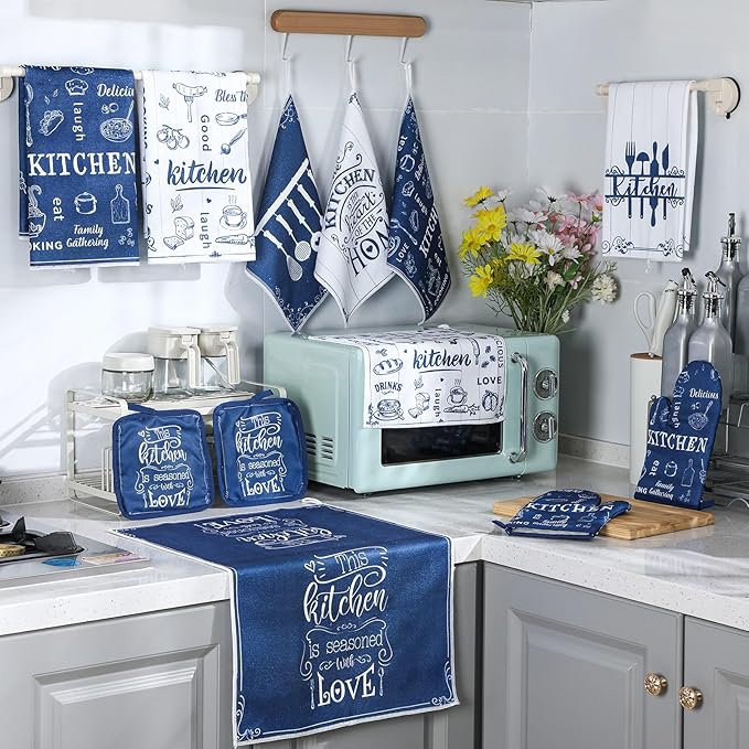 12 Pcs Farmhouse Kitchen Oven Mitts and Pot Holders Decor Sets 4 Blue Kitchen - Image 7