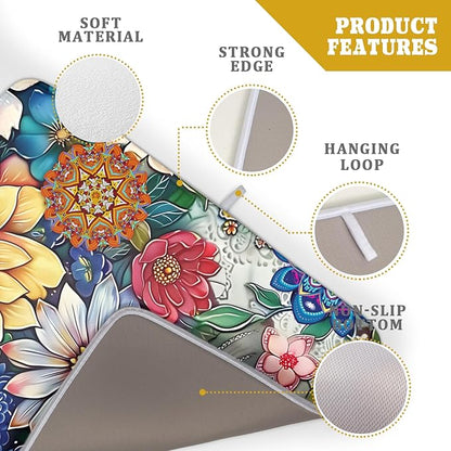 Boho Floral Dish Drying Mat for Kitchen Counter 16x18 Inch Boho Blooming Flower - Image 4