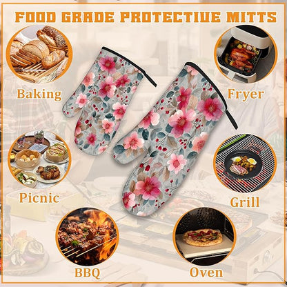 Vintage Pink Cherry Blossoms Oven Mitts and Pot Holders, Heat Resistant Oven - Image 5
