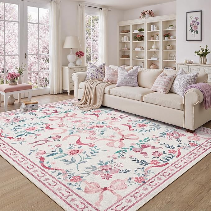 DCX Washable 8x10 Bow Rug, Cute Soft Low Pile Indoor Décor Carpet, Kid & Pet by DCXWashableRug