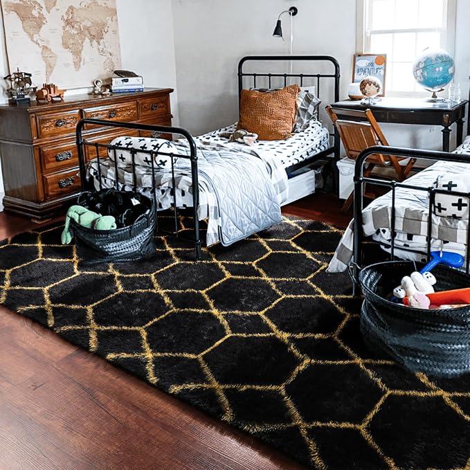 ONASAR 5x7 Area Rugs for Living Room Bedroom, Fluffy Black and Gold Faux Fur Rug - Image 8