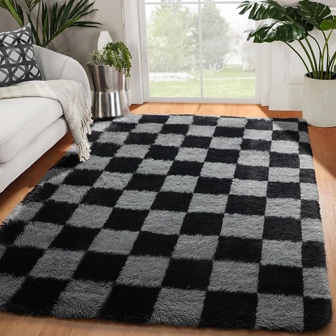 KICMOR Black and Grey Area Rug for Bedroom, 4x6 Fluffy Fuzzy Shag Checkered by KICMOR