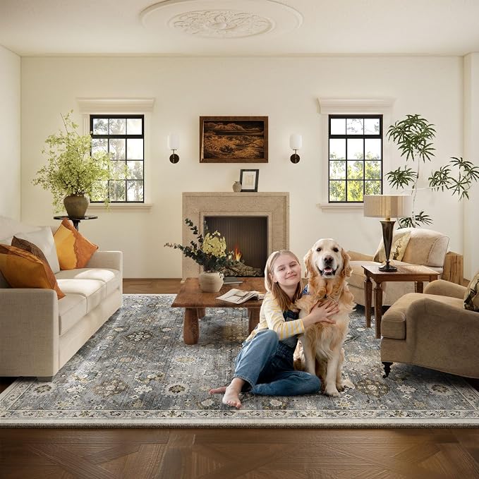 Machine Washable Rug for Living room: 9x12 Area Rugs Boho Vintage Rugs Stain - Image 6