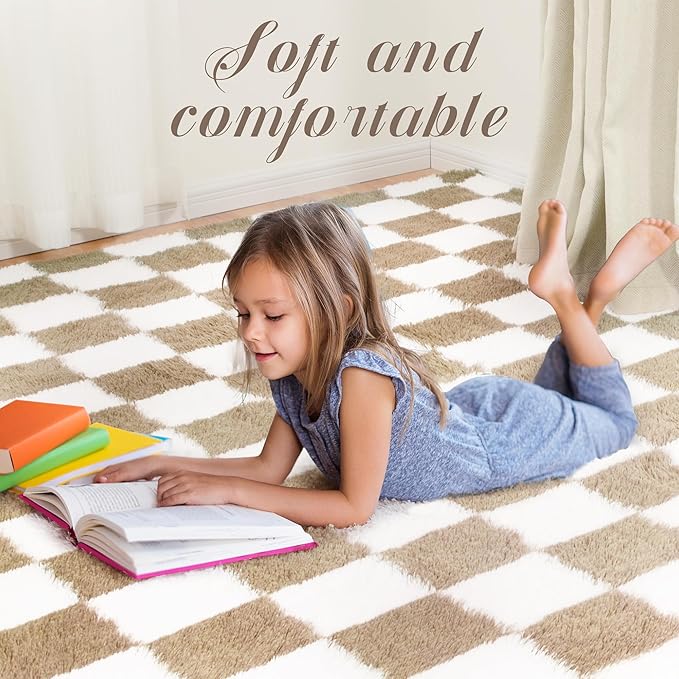 Super Soft Rug for Bedroom, 8x10 Ft Beige and White Area Rug Classic Checkered - Image 4