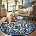 jinchan Mandala Round Rug 5ft Blue Boho Washable Rug Moroccan 5' Round Modern by JINCHAN