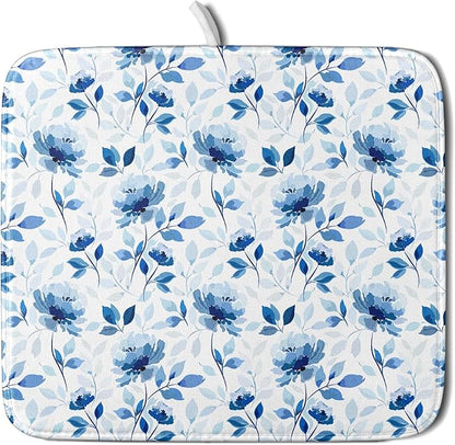 Blue Floral Dish Drying Mat 16x18 inch Flower Leaves Dish Rack Pad Microfiber by Giwawa