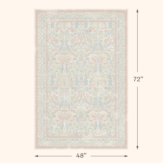 Cottagecore Floral 4x6 Pink and Blue Girls Vanity Rug - Image 2