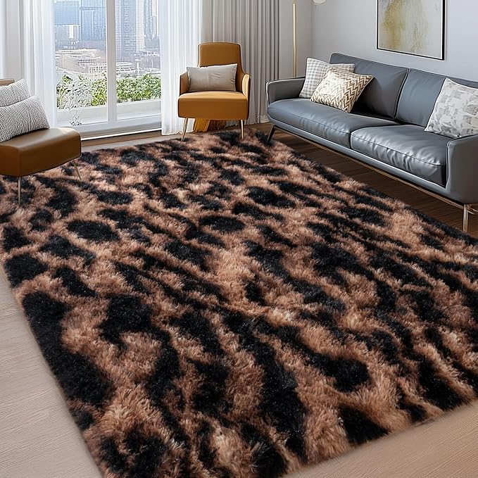 Shag Rugs for Bedroom, 4x6 Tie-Dyed Brown Leopard Soft Fuzzy Rugs for Living - Image 2