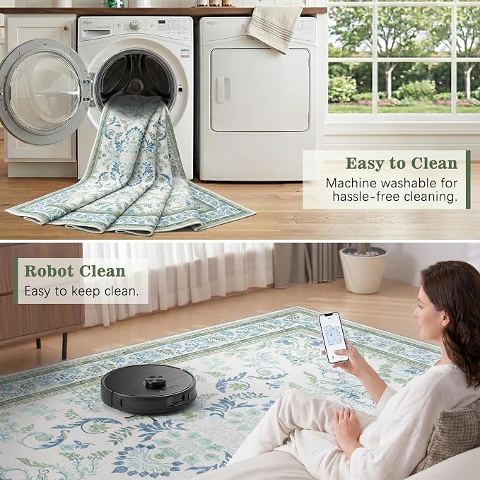 DCX Area Rug 5x5 Botanical Floral Washable Rugs in Green and Blue Soft Non Slip - Image 7