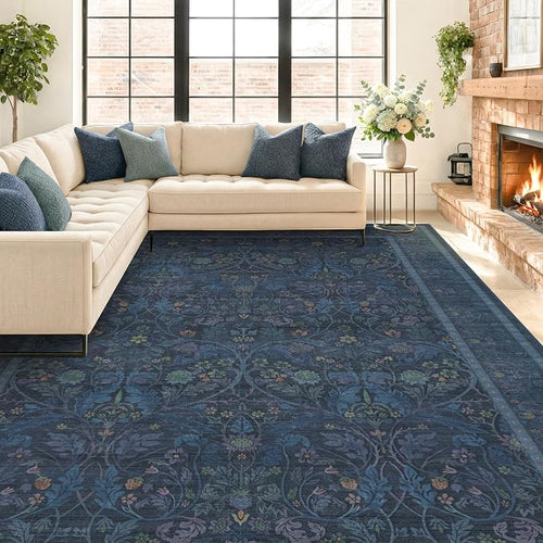 9x12 Vintage Big Floor Rugs for Living Room, Machine Washable Soft Dark Blue by Evyhood