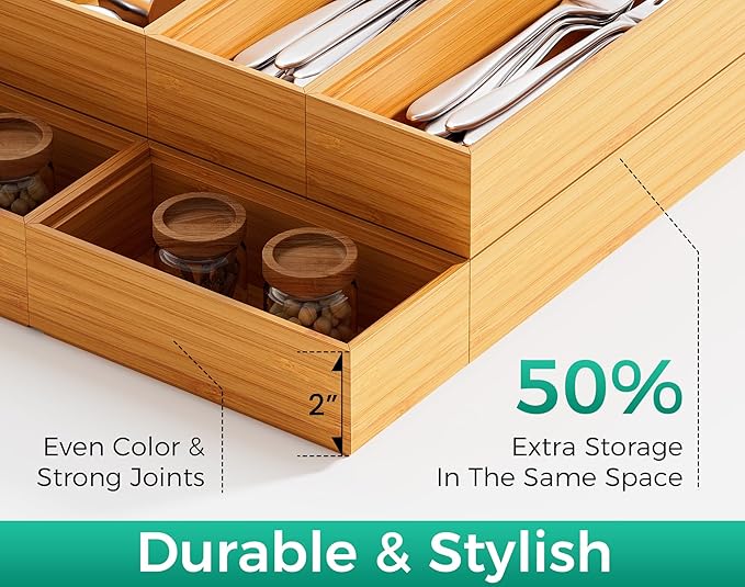 Bamboo Kitchen Drawer Organizer Boxes – 14" x 5" Stackable Wood Silverware - Image 4
