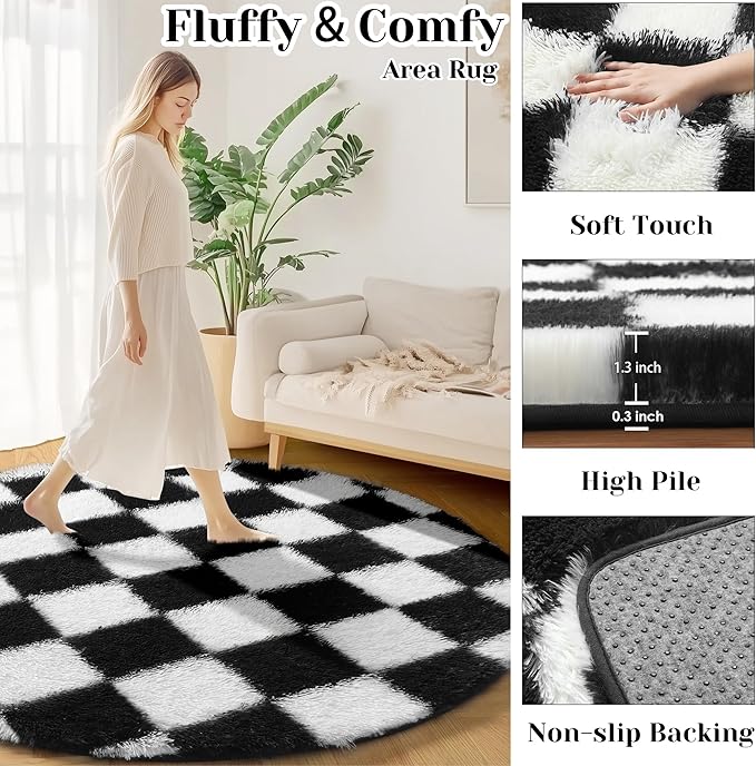 KICMOR Round Rugs 8ft Black and White Circle Area Rug, Fluffy Soft Large Fuzzy - Image 2