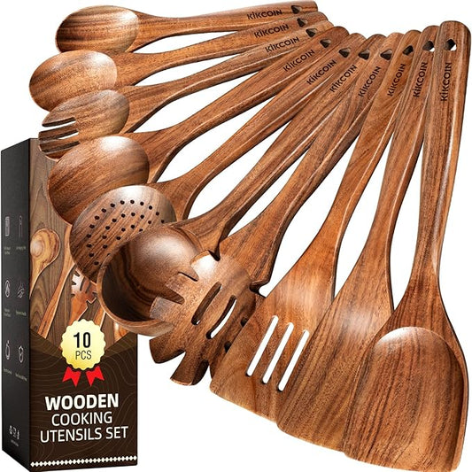 Kikcoin 10 PCS Durable Natural Teak Wooden Cooking Utensil Set, Non Toxic by Kikcoin