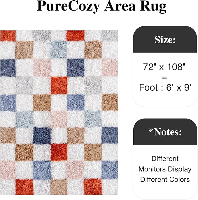 PureCozy Checkered Rug 6x9 for Living Room, Modern Rainbown Shag Rug Washable - Image 3