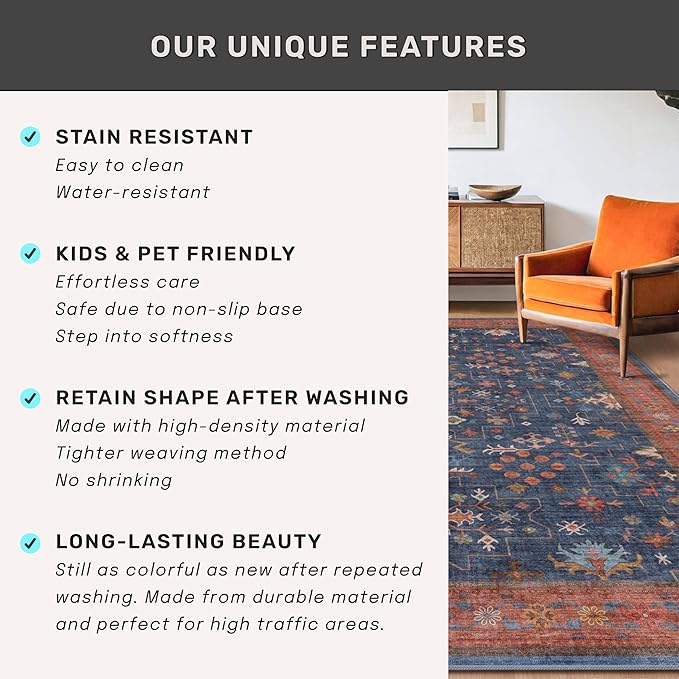 Boho Navy Blue 10x12 Area Rug for Living Room, Extra Large Dining Room Rugs for - Image 7