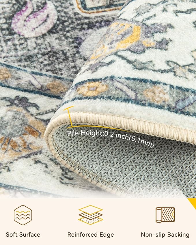 RELEANY Area Rugs Round 6ft Washable Non-Slip, Floral Vintage Distress - Image 4