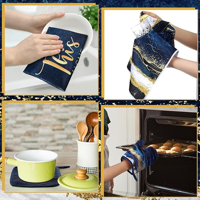 Leinuosen 8 Pcs Blue Marble Kitchen Decor Dish Towels and Oven Mitts Sets Pot - Image 6