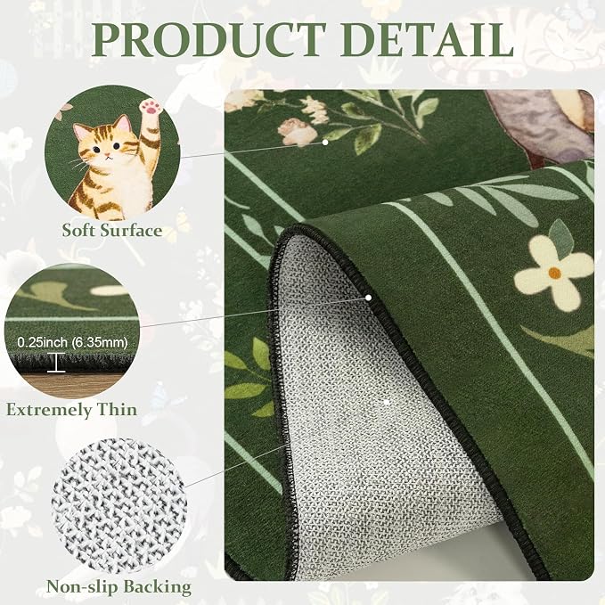 Unirea 2.6x8 Dark Green Cat Runner Rug, Washable Non Slip Botanical Rug - Image 4