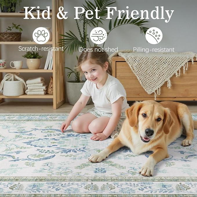 DCX Area Rug 5x5 Botanical Floral Washable Rugs in Green and Blue Soft Non Slip - Image 4
