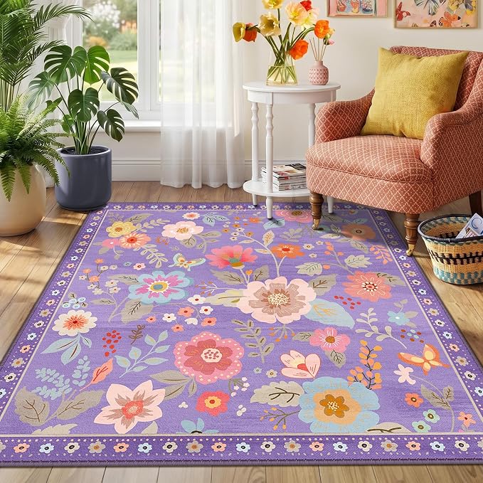 RELEANY Floral Square 5ft Area Rugs Washable Print Boho Cute Carpet Non Slip - Image 2