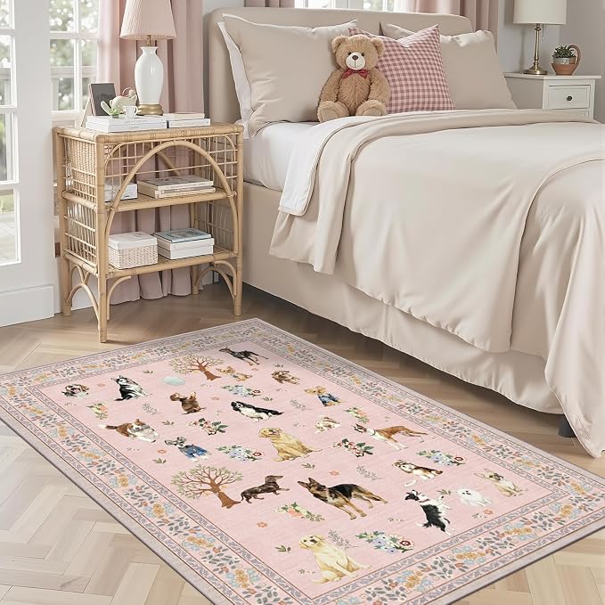 Area Rug 4x6 Pink Rug, Washable Dog Rugs Non Slip Low Pile Floral Small Carpet - Image 3