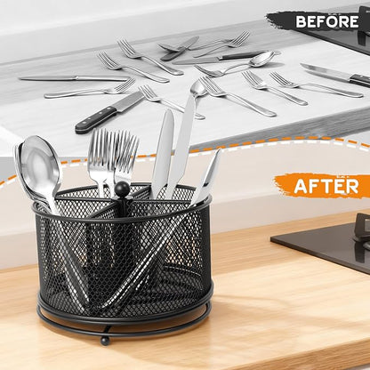360° Rotating Metal Utensil Caddy, 4 Compartment Silverware Cutlery Holder - Image 3