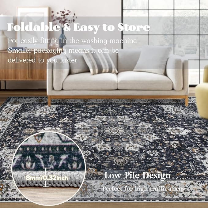Area Rug 5x7 Washable Rug, Vintage Boho Medallion Rugs Non-Slip Soft Low Pile - Image 6