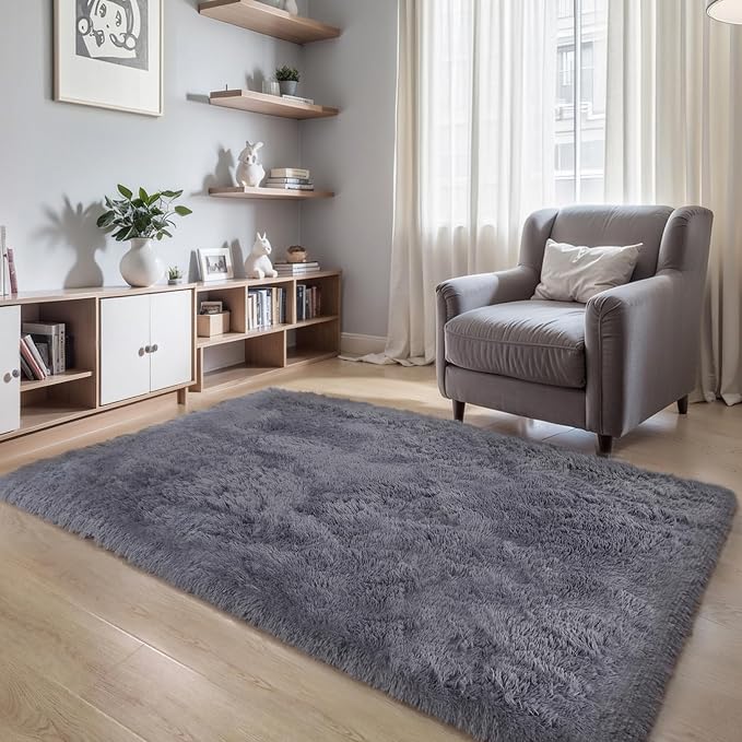KICHOWUA Thick Area Rug Grey 6x9 Fluffy Shag - Image 6