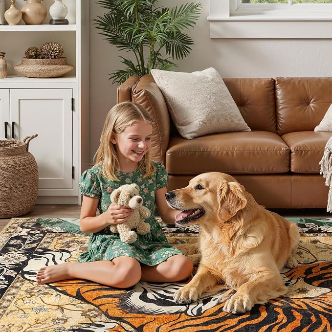 DCX Washable 3x5 Tiger Rug, Soft Low Pile Carpet, Kid & Pet Friendly - Image 3