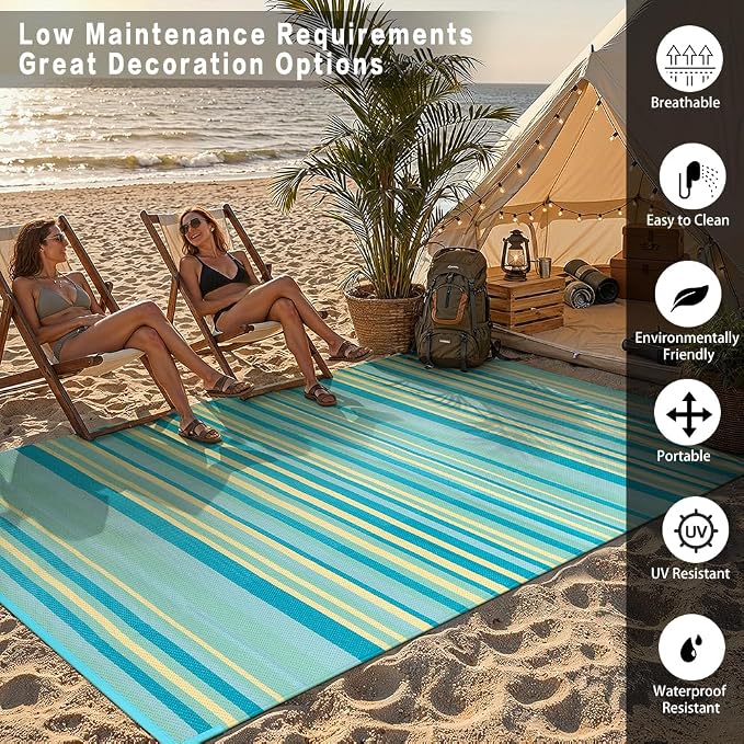 Outdoor Plastic Straw Rug Waterproof Patio 9x12 Teal Yellow Stripe Mat - Image 4