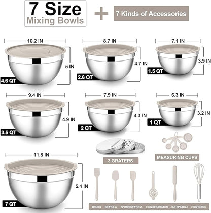 E-far Mixing Bowls with Lids Set, Size 7, Nesting Design & Khaki Airtight Lid - Image 5