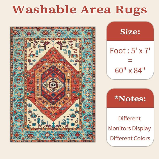 SERISSA Boho Area Rug 5x7 Orange, Washable Large Rugs - Image 6