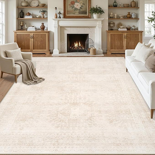 8x10 Area Rugs for Living Room: Vintage Boho Neutral Washable Rug Indoor Soft by Luxturiy