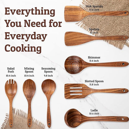 PriorityChef Wooden Spoons for Cooking, Premium 8pc Teak Wood Utensil Set - Image 4