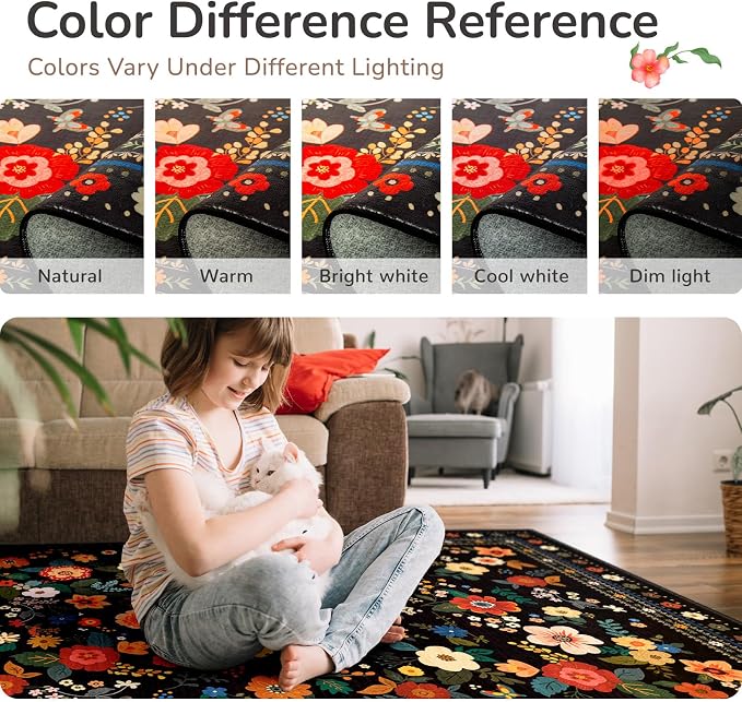 2x6 Area Rugs for Living Room Vacuum-Friendly Machine Washable Area Rug Flower - Image 6