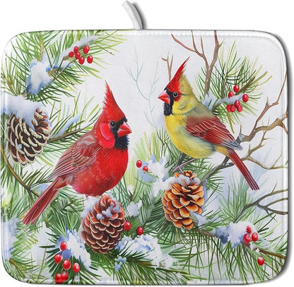 Giwawa Red Birds Dish Drying Mat, Xmas Tree Branch Holly Red Berries Dish by Giwawa