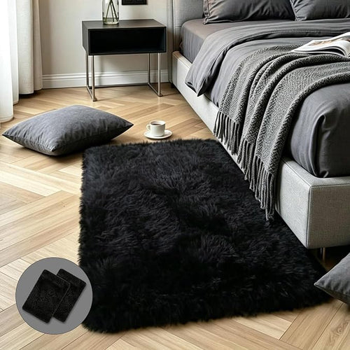 2x3 Black Fluffy Shag Rug for Bedroom, Soft Plush Fuzzy Washable Non Slip Floor by KICHOWUA