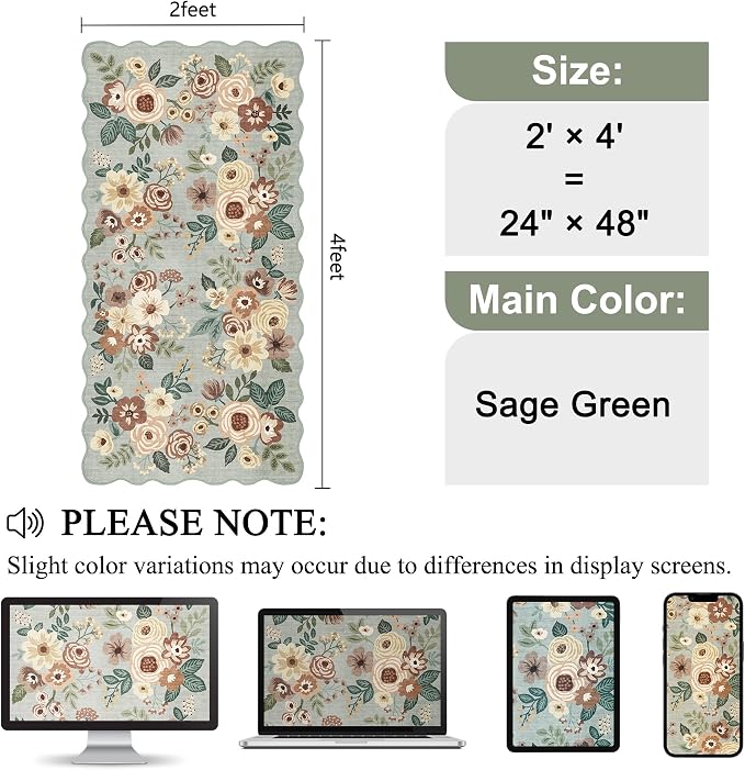 DUKINO 2x4 Washable Runner Rugs, Non Slip Floral Print Entryway Rug - Image 2