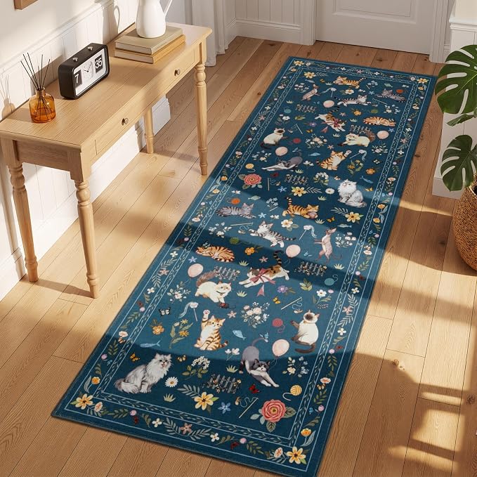 Unirea 2x6 Dark Blue Cat Runner Rug, Washable Non Slip Botanical Rug - Image 8