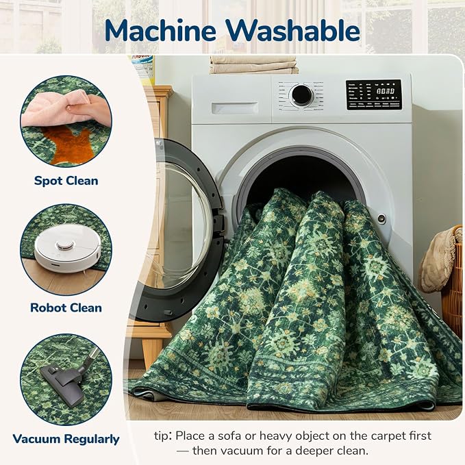 Lessymo Washable Area Rug for Living Room, 9x12 Green Large Rugs - Image 4