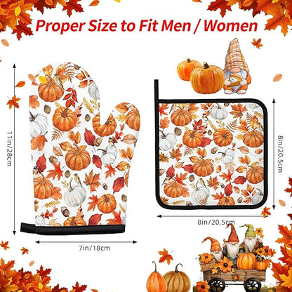 Thanksgiving Pumpkin Oven Mitts and Pot Holders, Fall Oven Mitts Sets of 3 - Image 2