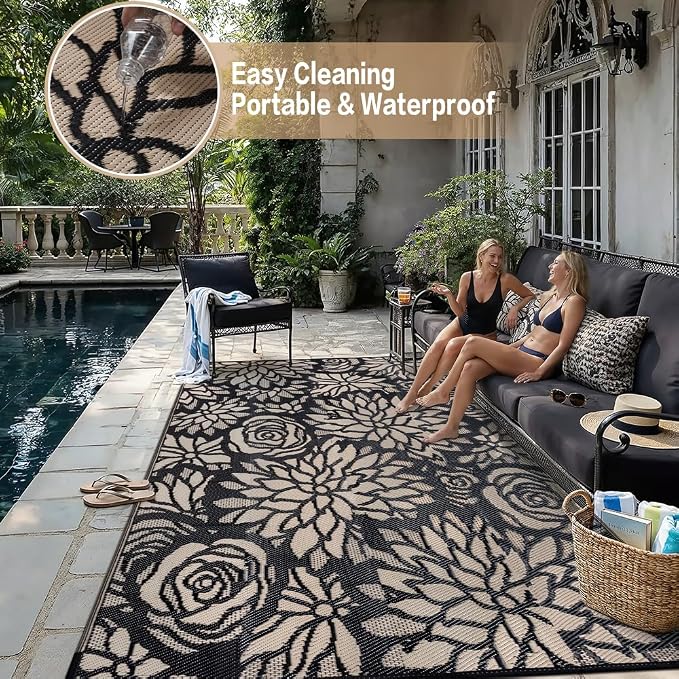 Outdoor Plastic Straw Rug Waterproof Patio 10x14 Black Brown Floral Mat - Image 6