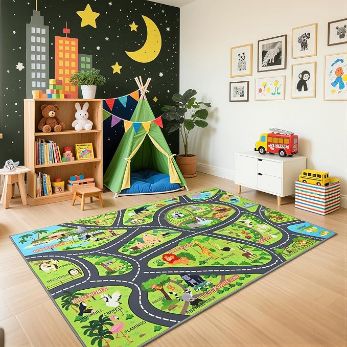 Zoo Adventure Kids Rug, Cute Animal Play Mat by BBENRON