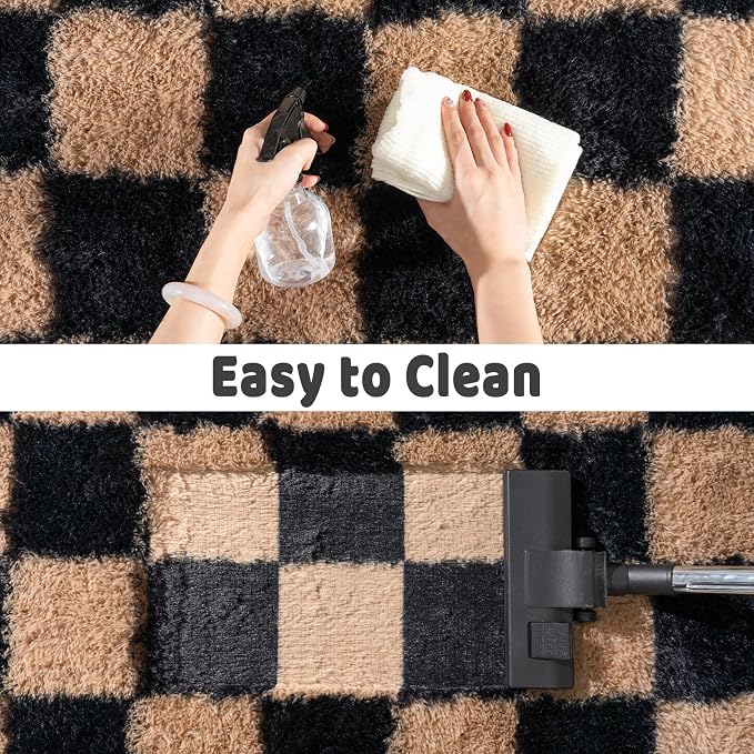 Shag Rugs for Living Room 8x10, Ultra Soft Checkered Black Beige Big Fuzzy Rugs - Image 7