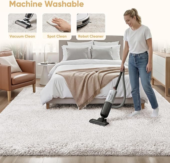 8x10 Area Rugs for Living Room Bedroom: White Soft Fluffy Shag Upgrade Non-Slip - Image 8