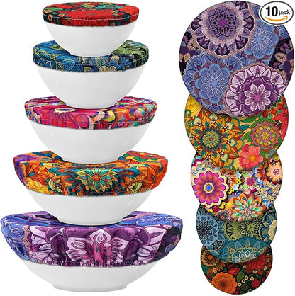 Patelai 10 Pcs Bowl Covers Reusable in 5 Size Stretch Cloth Fabric Elastic Food by Patelai