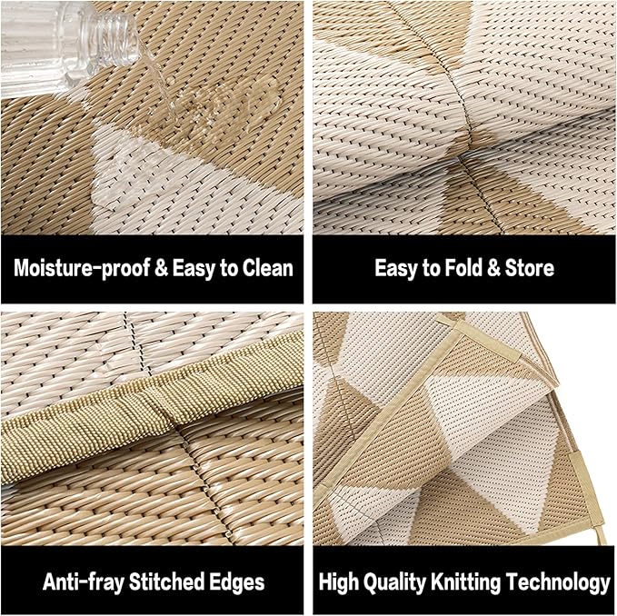 Outdoor Plastic Checkered Rug Waterproof Patio 9x12 Beige Brown Diamond - Image 7