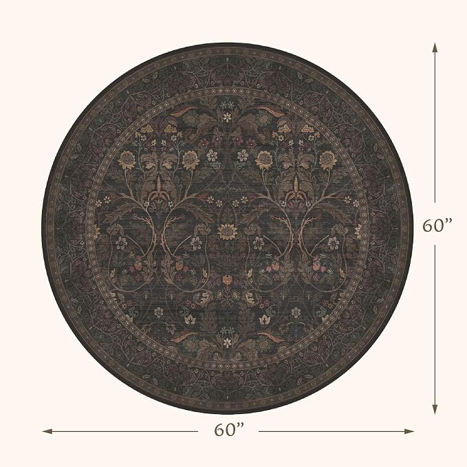 5ft Round Small Living Room Area Rug Washable, Moody Cottagecore Floral Circle - Image 2